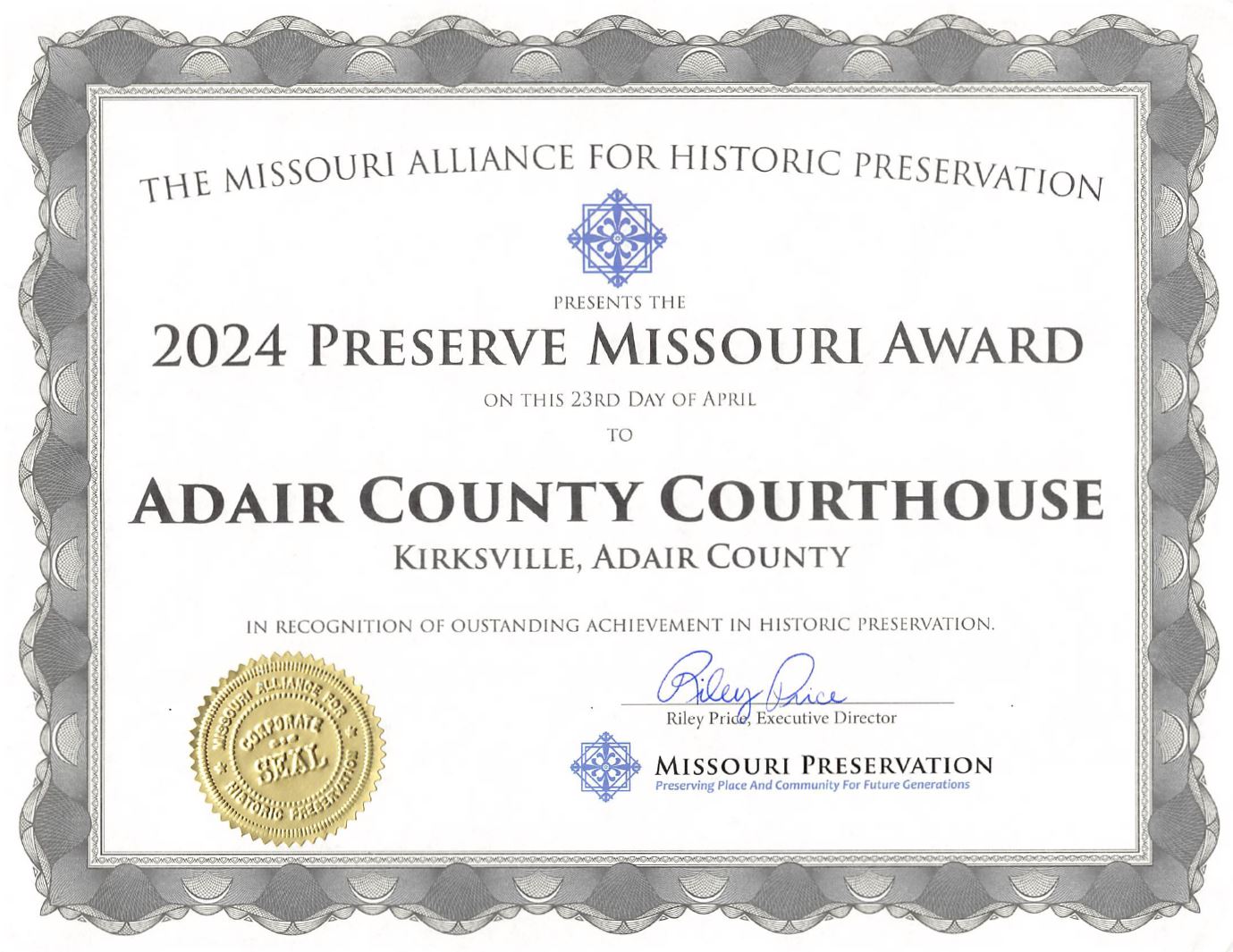 2024 Preserve Missouri Award - Adair County Courthouse