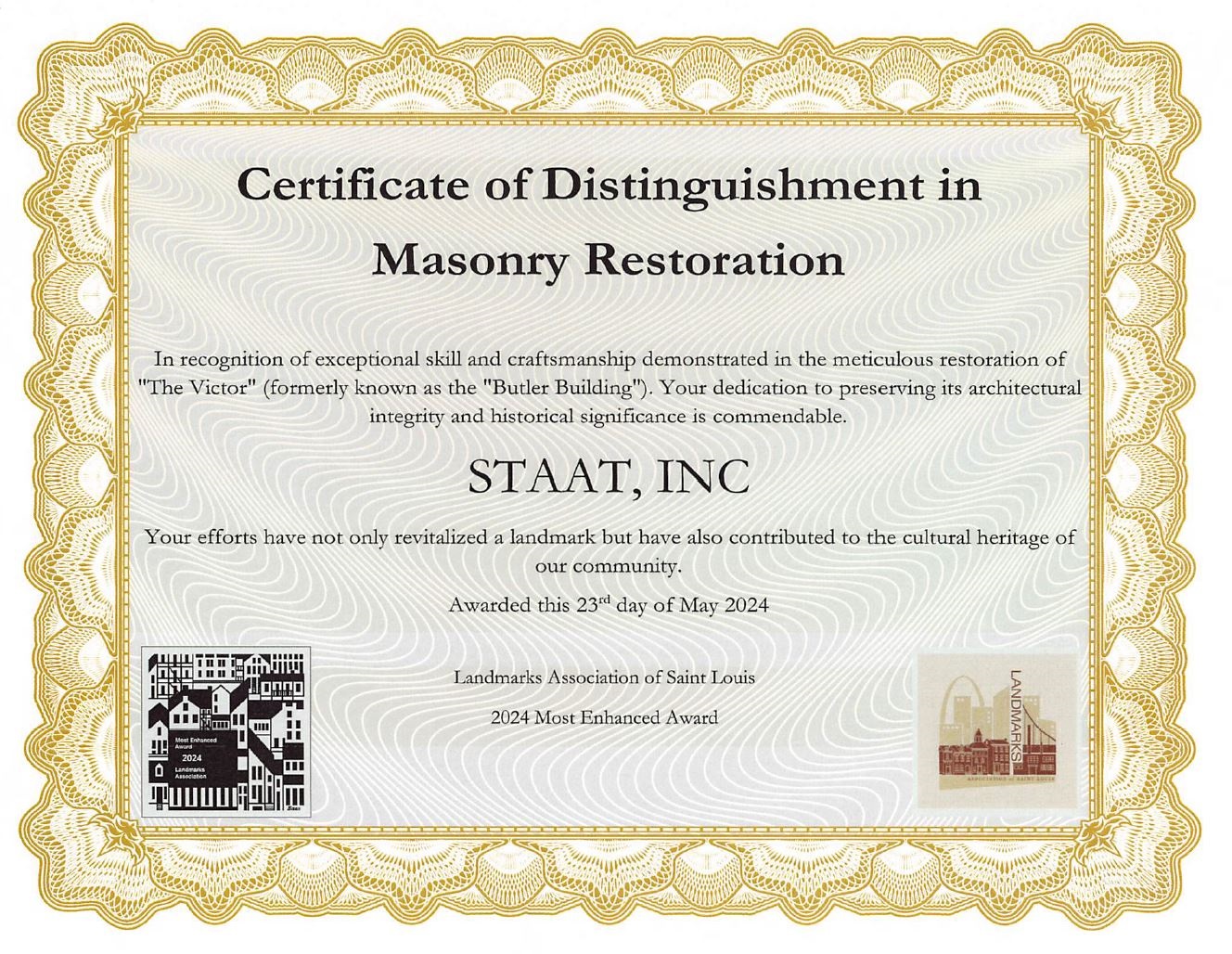 Certificate of Distinguishment in Masonry Restoration - May 2024